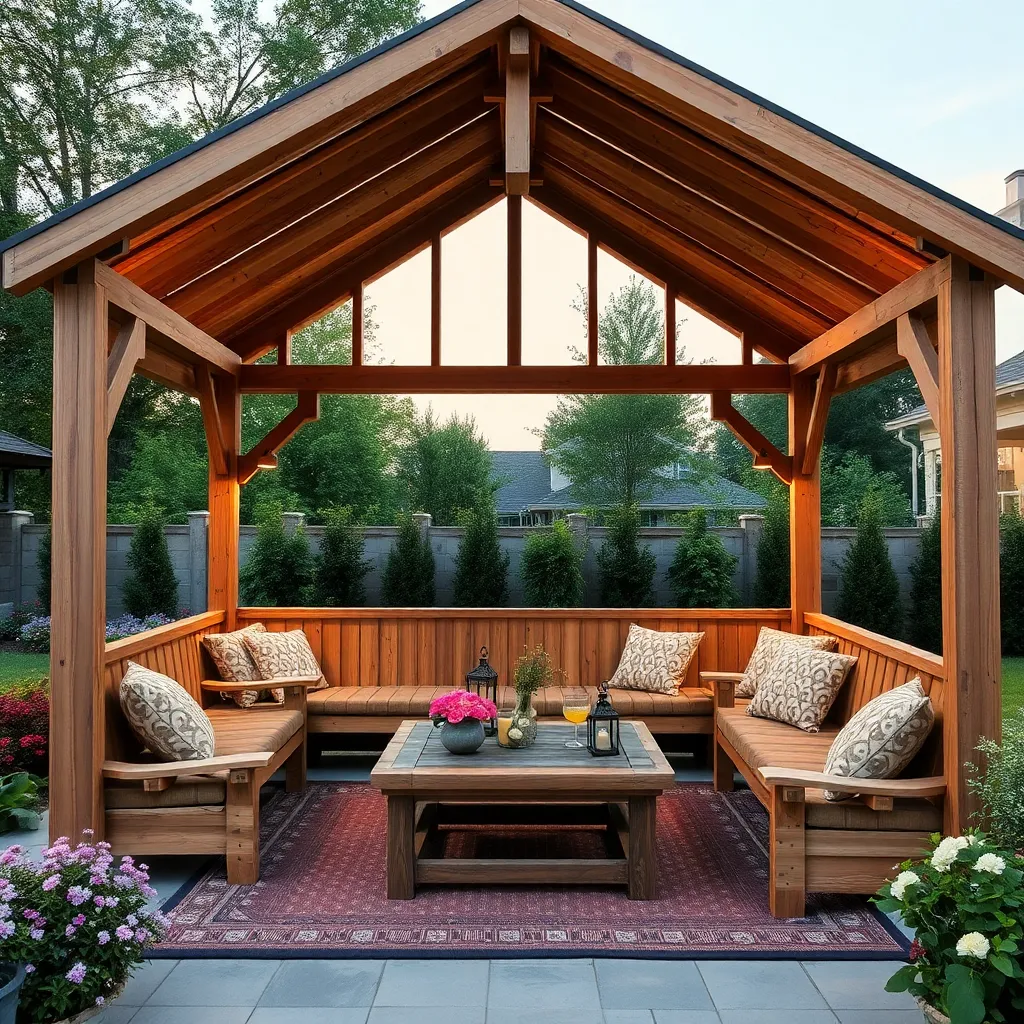 Rustic Wooden Gazebo (Charming Focal Point with Built-in Seating)